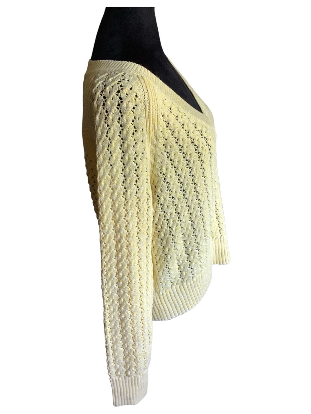 Tibolts Open Knit Sweater Women’s Medium Yellow 100% Cotton V-Neck - Picture 3 of 7
